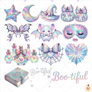 May include: A collection of whimsical, pastel-colored illustrations featuring a star, crescent moon, witch hat, pumpkins, bows, a bat, sleep mask, potion bottles, a spiderweb heart, and a spell book. The text "Boo-tiful" is also included.