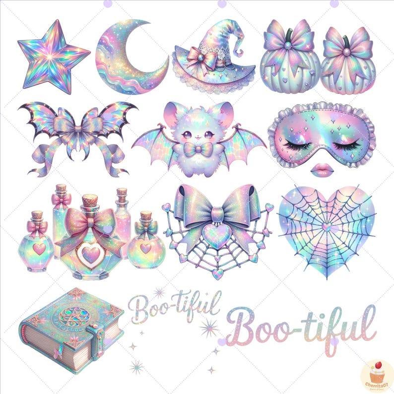 May include: A collection of whimsical, pastel-colored illustrations featuring a star, crescent moon, witch hat, pumpkins, bows, a bat, sleep mask, potion bottles, a spiderweb heart, and a spell book. The text "Boo-tiful" is also included.