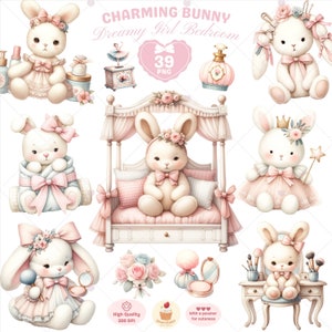 Charmantes Häschen Clipart, Coquette Clipart, Baby Häschen Png, Girly Schlafzimmer, Süßes Kaninchen, Ästhetisches Clipart, Vintage Schlafzimmer, kommerzielle Nutzung