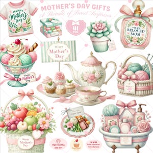 Muttertag Geschenke Clipart, Happy Mothers Day png, Frühstückstablett png, Blumenkorb Clipart, Grußkarte Etiketten für Mama, kommerzielle Nutzung