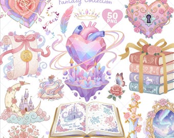 Romantasy Clipart: Bookish Fantasy Reader, Book Lover Gift (50 PNG)