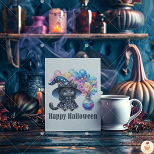 May include: A white card with a black cat wearing a witch's hat and holding a potion bottle. The cat is surrounded by colorful smoke and stars. The card reads "Happy Halloween".