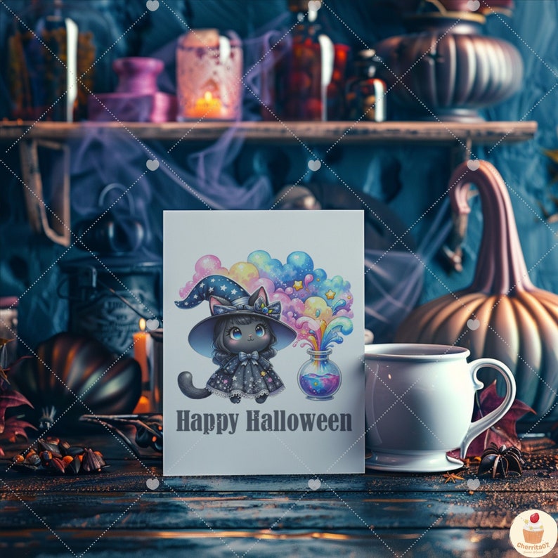 May include: A white card with a black cat wearing a witch's hat and holding a potion bottle. The cat is surrounded by colorful smoke and stars. The card reads "Happy Halloween".