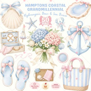 Puede incluir: Ilustraciones en acuarela con temática costera, con hortensias, lazos y conchas marinas. Incluye una cesta de picnic, un bolso de mano, chanclas y un ancla. El texto dice "HAMPTONS COASTAL GRANDMILLENNIAL Hydrangeas, Bows & Sea Breeze 50 PNG".