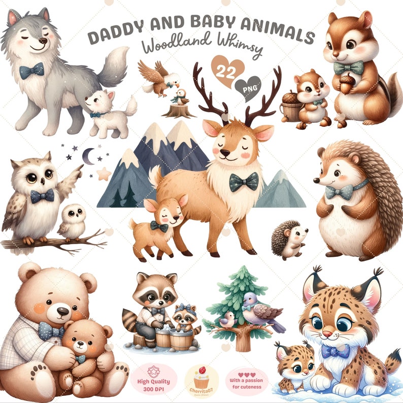 Papa und Baby Tiere Clipart, Waldtiere png, Vatertag Clipart, süßes Baby Tier, Papa Geburtstag, Waldkinderzimmer, kommerzielle Nutzung Bild 1