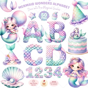 Clipart alphabet sirène, png sirène, lettres de l'alphabet, écailles de sirène, clipart anniversaire fille, sous la mer, fabrication de cartes, usage Commercial