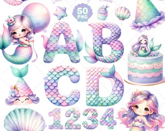 Puede incluir: Un conjunto de 50 imágenes de clipart de alfabeto y números con temática de sirenas. Las imágenes presentan sirenas, conchas marinas, cupcakes y un pastel. Las letras y los números están decorados con escamas de sirena en tonos de rosa, azul y verde.