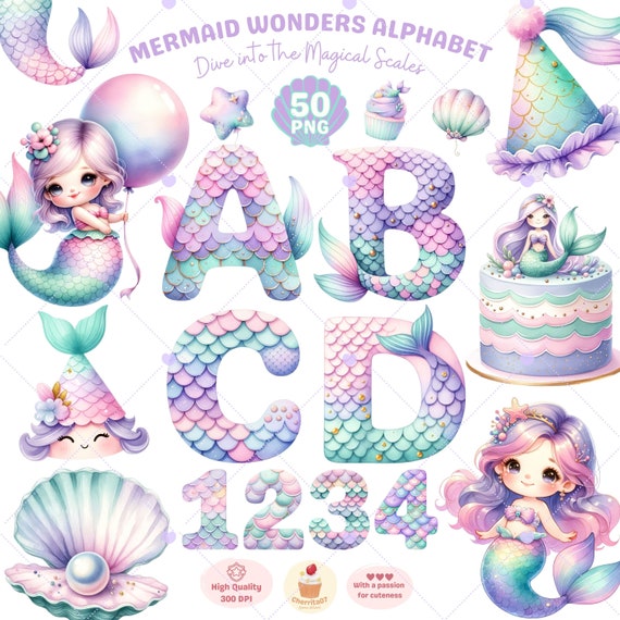 Mermaid Alphabet Clipart, Mermaid png, Alphabet Letters, Mermaid scales, Girl Birthday Clipart, Under the Sea, Card making, Commercial Use