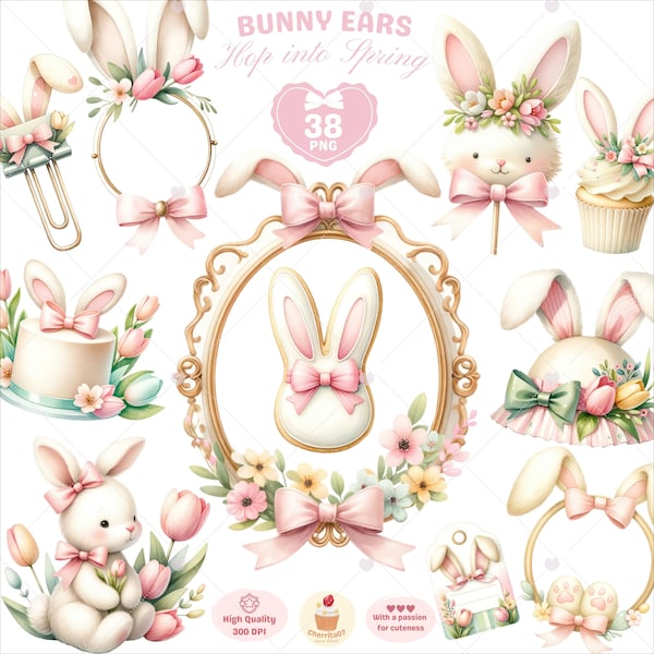 Bunny Ears Clipart, Easter Bunny PNG, Easter Frame PNG, Spring Clipart, Cup Cake PNG, Easter Card Designs, Watercolor tulip, Commercial Use