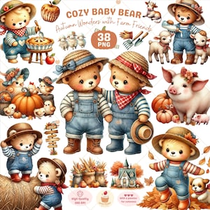 秋の赤ちゃんクマのクリップアート、秋のクリップアート、農場の動物のクリップアート、かわいいクマのpng、テディベア、ベビーシャワーのクリップアート、素朴な秋、商用利用