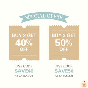 May include: Two brown ticket-shaped coupons with rounded corners and white text. The top coupon says "SPECIAL OFFER" in a blue banner. The first coupon says "BUY 2 GET 40% OFF" and the second coupon says "BUY 3 GET 50% OFF". Below each coupon is a blue text box that says "USE CODE" and then a code in all caps, "SAVE40" or "SAVE50", followed by "AT CHECKOUT".