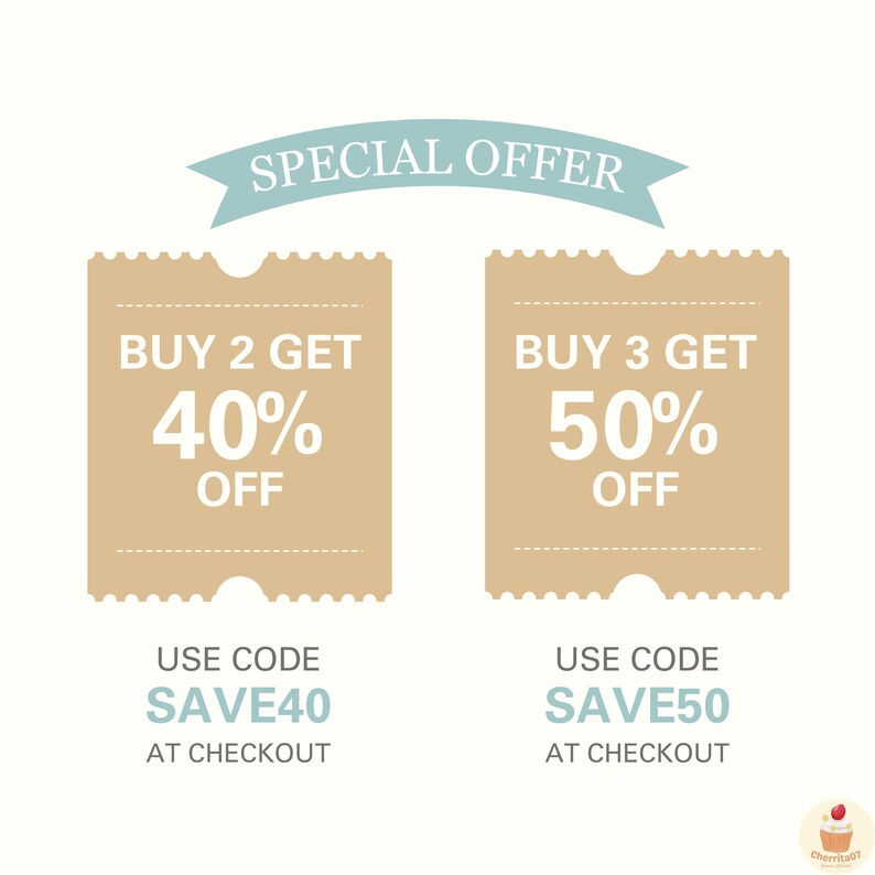 May include: Two brown ticket-shaped coupons with rounded corners and white text. The top coupon says "SPECIAL OFFER" in a blue banner. The first coupon says "BUY 2 GET 40% OFF" and the second coupon says "BUY 3 GET 50% OFF". Below each coupon is a blue text box that says "USE CODE" and then a code in all caps, "SAVE40" or "SAVE50", followed by "AT CHECKOUT".