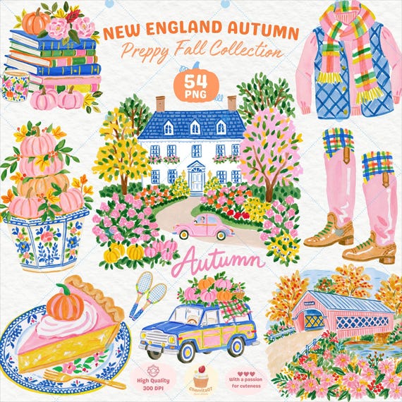 New England Fall Clipart, Preppy Autumn PNG, Cozy Seasonal Decor Bundle
