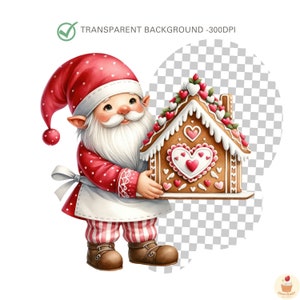 May include: A red and white gnome holding a gingerbread house decorated with hearts and white frosting.