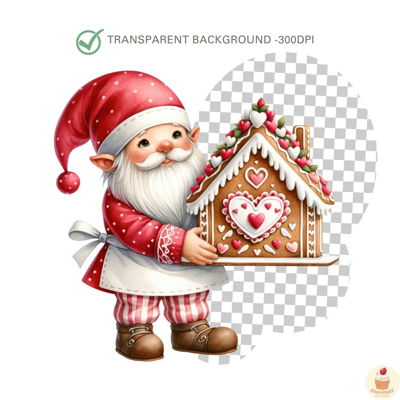 May include: A red and white gnome holding a gingerbread house decorated with hearts and white frosting.