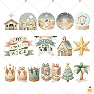 May include: A set of Christmas-themed digital clipart featuring a variety of images, including a star, a church, a snow globe, a nativity scene, a Christmas tree, a palm tree, crowns, and banners with the text "Joy to the World".