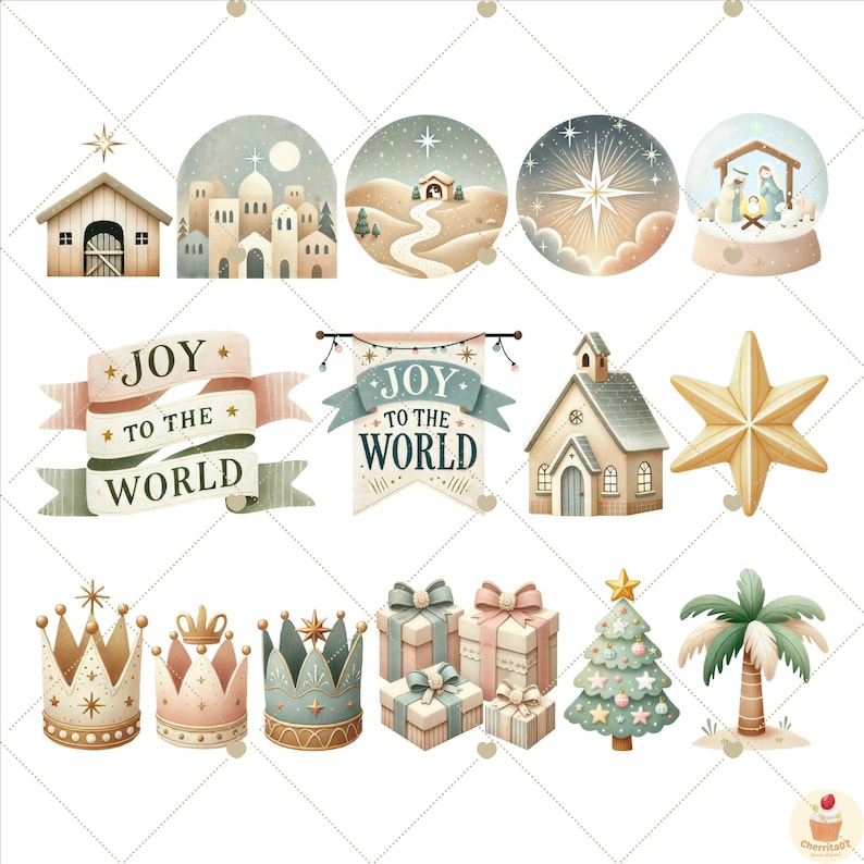 May include: A set of Christmas-themed digital clipart featuring a variety of images, including a star, a church, a snow globe, a nativity scene, a Christmas tree, a palm tree, crowns, and banners with the text "Joy to the World".