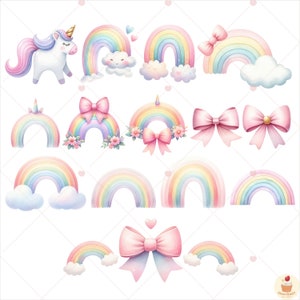 K&ouml;nnte beinhalten: Ein Set mit Aquarell-Illustrationen mit Regenb&ouml;gen, Wolken, Einh&ouml;rnern und Schleifen. Die Regenb&ouml;gen sind in verschiedenen Farben und Gr&ouml;&szlig;en, einige mit Wolken und andere mit Schleifen. Das Einhorn ist wei&szlig; mit einer rosa M&auml;hne und einem rosa Schwanz. Die Schleifen sind rosa und haben einen goldenen Akzent.