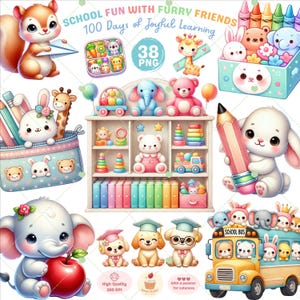 Clipart animaux de l'école, png 100 jours d'école, clipart journée d'école, clipart étudiant, clipart animaux mignons, décoration d'école pour enfants, usage commercial
