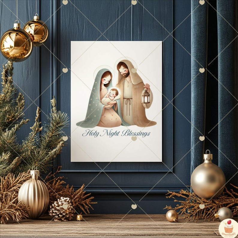 May include: A Christmas card featuring a watercolor illustration of the Holy Family. Mary, Joseph, and baby Jesus are depicted in a traditional nativity scene. The card has the text "Holy Night Blessings" printed at the bottom.