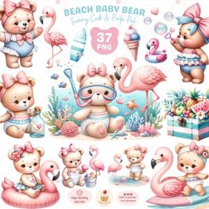 Clipart ours d'été, bébé ours clipart, plage ours png, clipart animal mignon, flamant rose, mer png, clipart meilleurs amis, usage Commercial