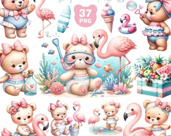 Summer Bear Clipart, Baby Bear Clipart, Beach Bear png, Cute Animal Clipart, Pink Flamingo, Sea png, Best Friends Clipart, Commercial Use