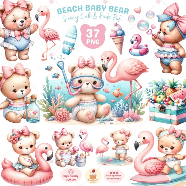 Summer Bear Clipart, Baby Bear Clipart, Beach Bear png, Cute Animal Clipart, Pink Flamingo, Sea png, Best Friends Clipart, Commercial Use