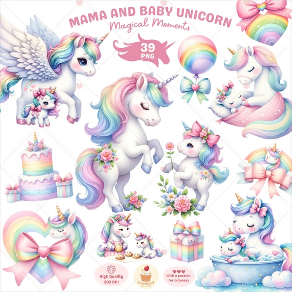 Mama and Baby Unicorn Clipart, Mothers Day PNG, Unicorn PNG, Watercolor rainbow Unicorn, Mom Birthday Clipart, Gift for Mom, Commercial Use