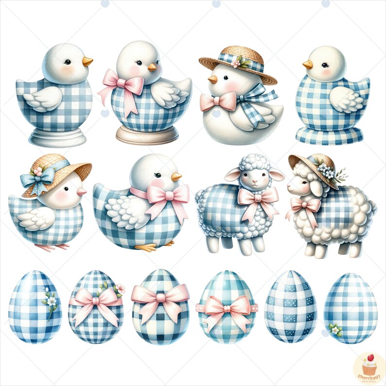 May include: A set of Easter-themed illustrations featuring chicks, lambs, and eggs decorated with blue and white gingham patterns and pink bows.