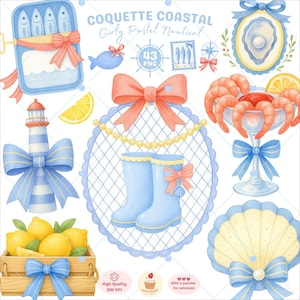 Clipart de coqueta costera, estética de pescador, clipart de marinero, sardinas png, clipart náutico pastel, langosta de acuarela png, uso comercial