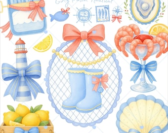 Clipart „Coquette Coastal”: Zestaw akwareli w stylu marynistycznym w formacie PNG (do użytku komercyjnego, do pobrania cyfrowego)