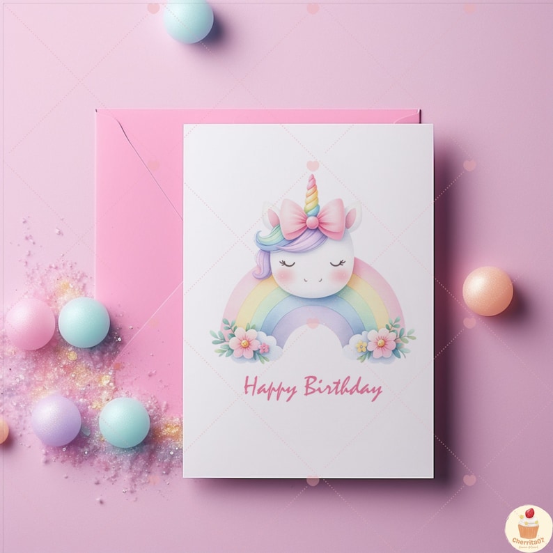 K&ouml;nnte beinhalten: Ein wei&szlig;es Einhorn mit einer rosa Schleife und geschlossenen Augen liegt auf einem Regenbogen mit rosa Blumen. Der Text "Happy Birthday" steht unter dem Regenbogen.