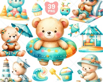 Beach Baby Bear Clipart, Baby Bear png, Beach baby shower, Blue Teddy Bear, Baby Boy, Summer time, Waves Png, Card making, Commercial use