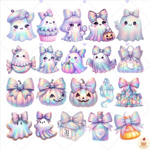 May include: A collection of pastel-colored Halloween-themed illustrations. The image features cute ghosts, pumpkins, a haunted house, and a candy corn, all adorned with bows. The color palette includes pink, blue, and purple hues.
