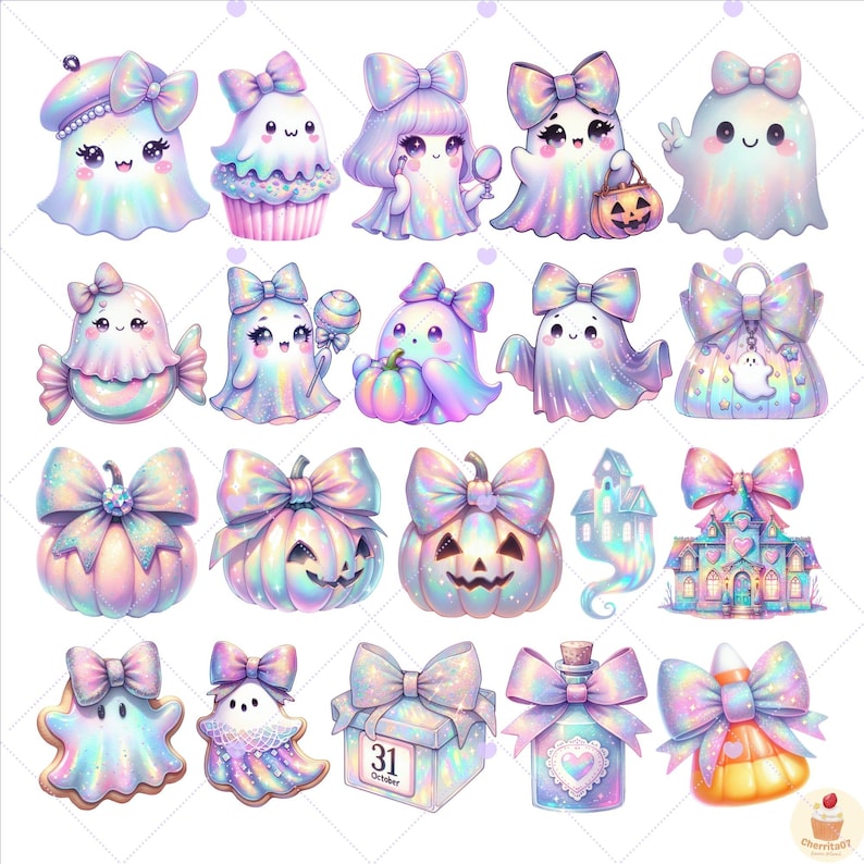 May include: A collection of pastel-colored Halloween-themed illustrations. The image features cute ghosts, pumpkins, a haunted house, and a candy corn, all adorned with bows. The color palette includes pink, blue, and purple hues.