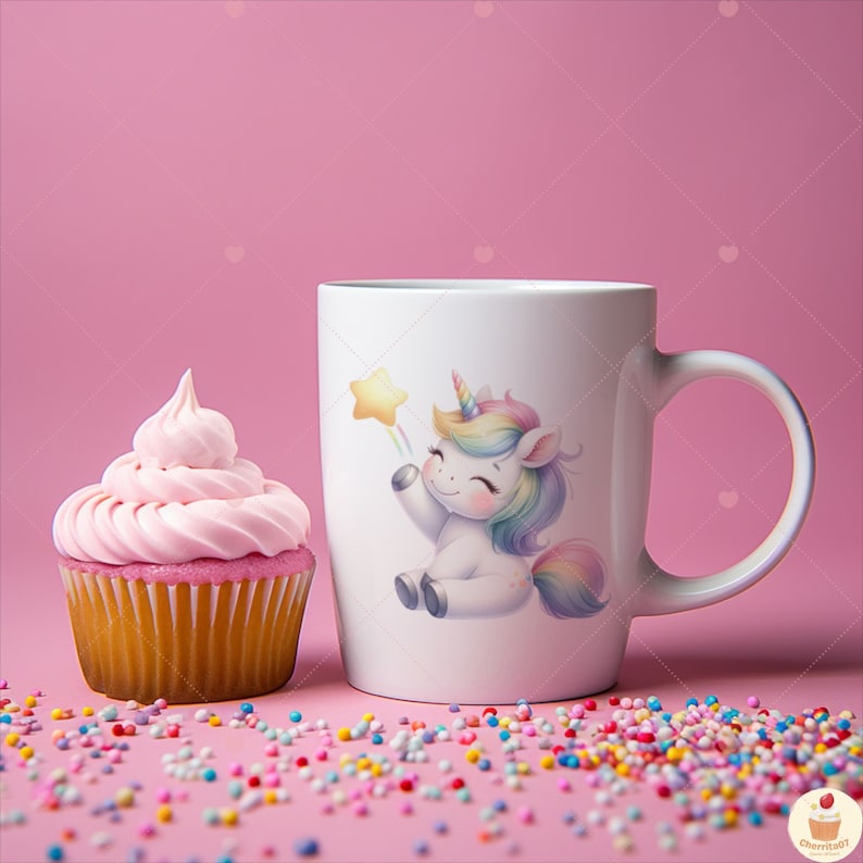 K&ouml;nnte beinhalten: Eine wei&szlig;e Keramiktasse mit einer bunten Einhorn-Illustration, die einen Stern h&auml;lt. Die Tasse hat einen Henkel und steht auf einer rosa Oberfl&auml;che mit rosa und wei&szlig;en Streuseln.