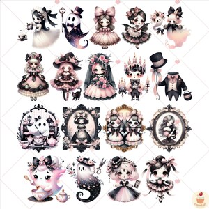 Puede incluir: Una colecci&oacute;n de ilustraciones en acuarela con mu&ntilde;ecas de estilo g&oacute;tico y personajes caprichosos. Los dise&ntilde;os incluyen mu&ntilde;ecas con vestidos rosas y negros, fantasmas y retratos enmarcados, todo con una paleta de colores pastel. Tambi&eacute;n hay elementos decorativos como lazos, sombreros y tazas de t&eacute;.