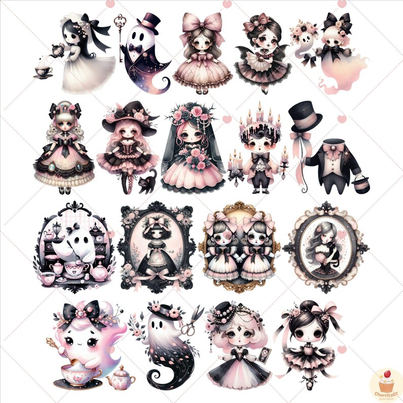 Puede incluir: Una colecci&oacute;n de ilustraciones en acuarela con mu&ntilde;ecas de estilo g&oacute;tico y personajes caprichosos. Los dise&ntilde;os incluyen mu&ntilde;ecas con vestidos rosas y negros, fantasmas y retratos enmarcados, todo con una paleta de colores pastel. Tambi&eacute;n hay elementos decorativos como lazos, sombreros y tazas de t&eacute;.