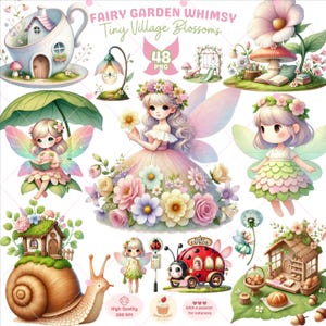 Clipart Fairy Garden, Clipart Pink and Green Fairy, Clipart Fairy house png, Clipart Magical, Baby shower w ogrodzie, Wiosna akwarelowa, Użytek komercyjny