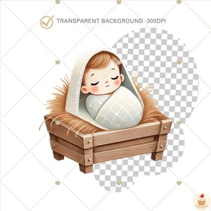 May include: A baby doll wrapped in a white blanket and sleeping in a wooden manger with straw. The doll has brown hair and closed eyes.