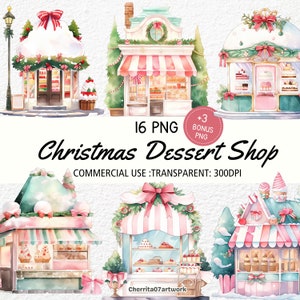 水彩クリスマスショップのクリップアート、クリスマスマーケット、デザートショップの透明PNG 300 dpi、クリスマスストール、デジタルダウンロード、商用利用
