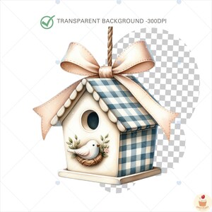 May include: A white birdhouse with a blue and white checked roof, a light brown bow, and a white bird inside. The birdhouse is hanging from a string.