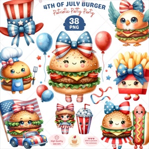 4th of July Burger Clipart, Watercolor Patriotic png, Burger Clip Art, Independence Day, America Day Clipart, Holiday food, Commercial Use