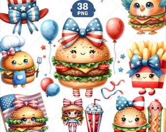 Imágenes prediseñadas de hamburguesa del 4 de julio, imágenes patrióticas de acuarela, imágenes prediseñadas de hamburguesa, Día de la Independencia, imágenes prediseñadas del Día de Estados Unidos, comida festiva, uso comercial