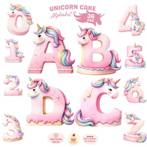 Einhorn Alphabet Clipart, Kuchen Buchstabe PNG, Einhorn Clipart, Alphabet Clipart, dekorative Buchstaben, Geburtstag PNG, A-Z Alphabet, kommerzielle Nutzung