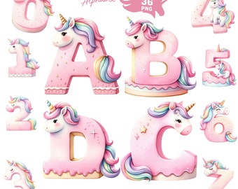 Unicorn Alphabet Clipart, Cake letter PNG, Unicorn Clipart, Alphabet Clipart, Decorative Letters, Birthday PNG, A-Z Alphabet, Commercial Use