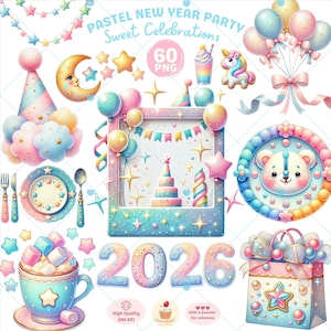 New Year 2026 Clipart Bundle: Sweet Pastel Party Elements, Balloons & Dessert 60 PNG