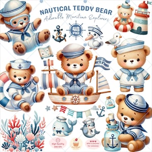 Clipart nautique ours en peluche, mignon bébé ours png, baby shower nautique, clipart ours d'été, clipart Maritime, chambre d'enfant océan, usage Commercial