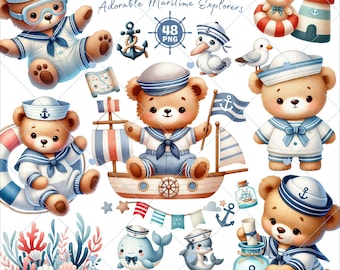 Nautical Teddy Bear Clipart: Baby Sailor PNG, Maritime Nursery (48 PNG)