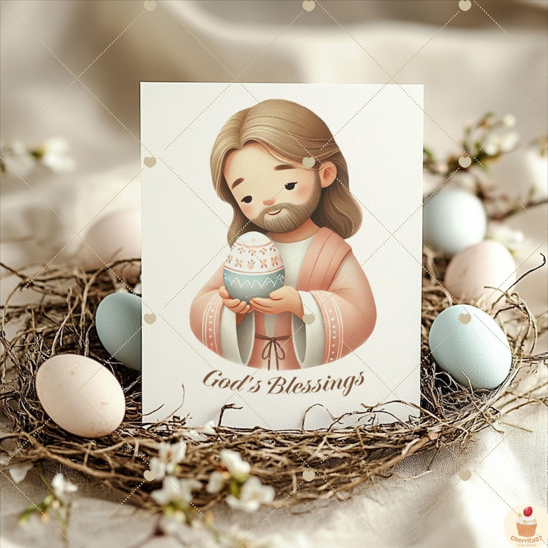 May include: A digital illustration of Jesus holding a decorated Easter egg. The image is set against a white background with the text "God's Blessings" at the bottom.
